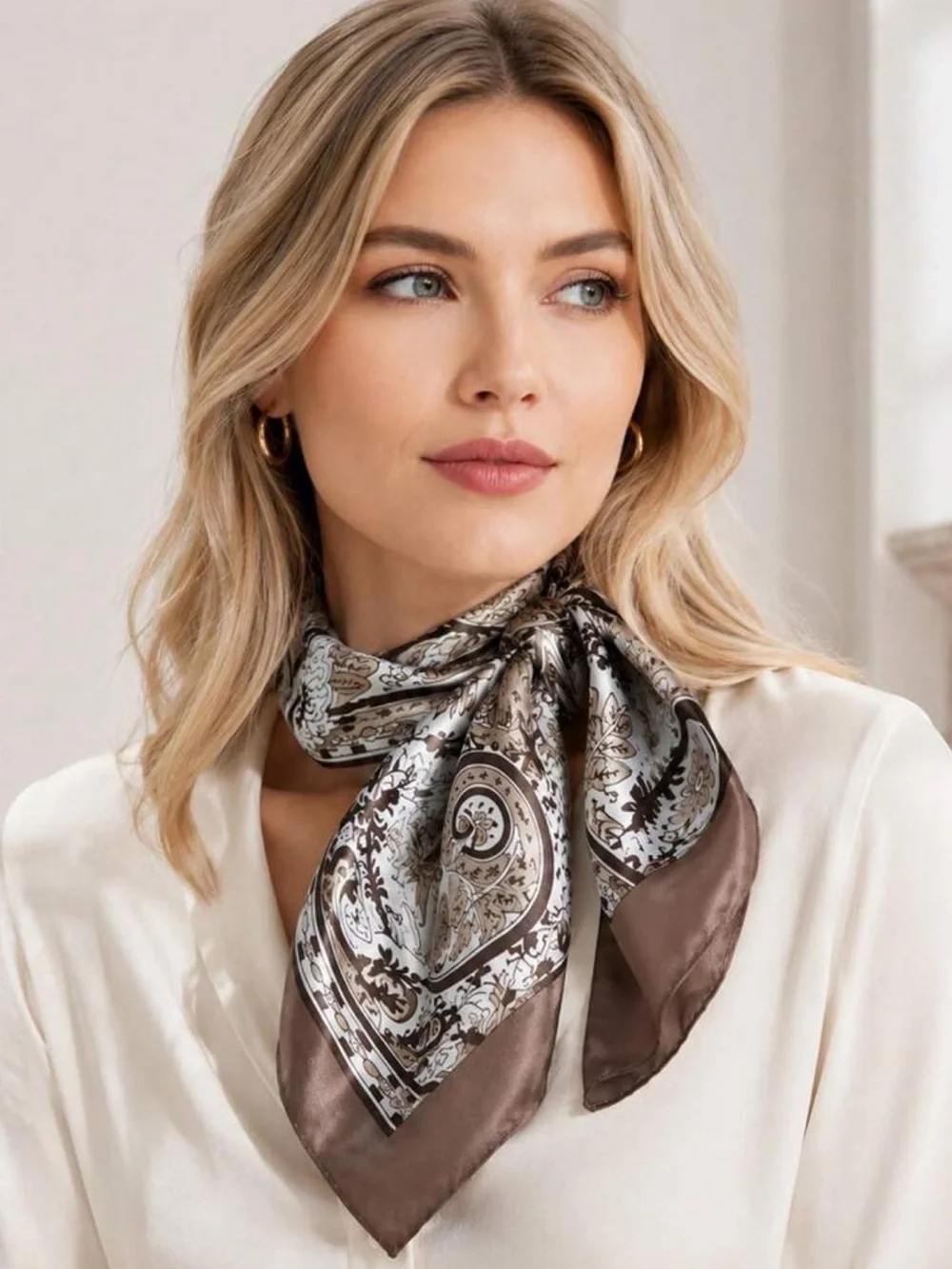 Elegant Paisley Neck Scarf - Taupe & White